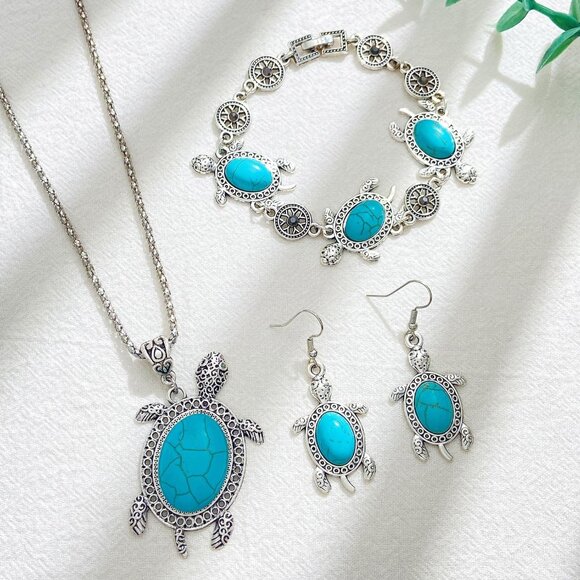 Elegant Bohemian Turtle Turquoise Earrings, Bracelet & Necklace Set - 3 Items - Picture 2 of 5
